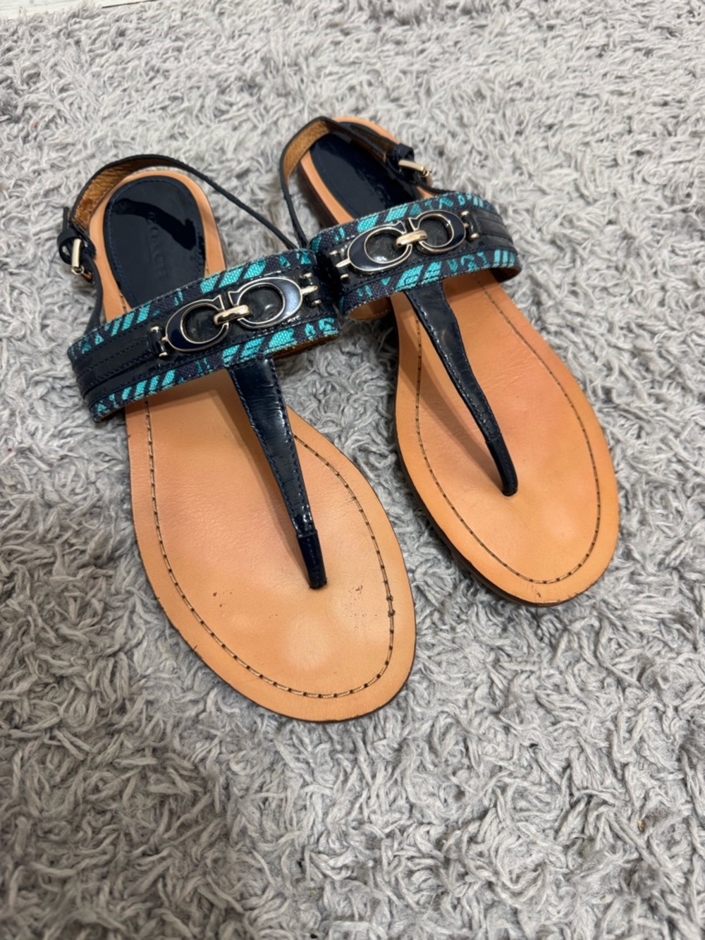 Coach Black and Navy Blue Teal Leather Thong Sandals with Bridle Hardware